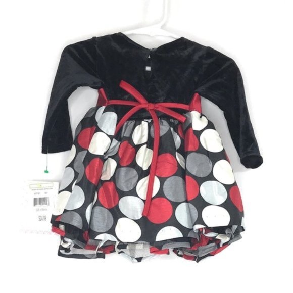 JESSICA ANN Baby Girls 3-6 mos Black Red White Polka Dots Long Sleeve Dress NEW - Picture 4 of 7